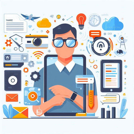 Man in glasses and tablet. Modern flat design. Vector illustration.のイラスト素材