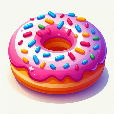 Donut with pink glaze and colorful sprinkles. Vector illustration.のイラスト素材