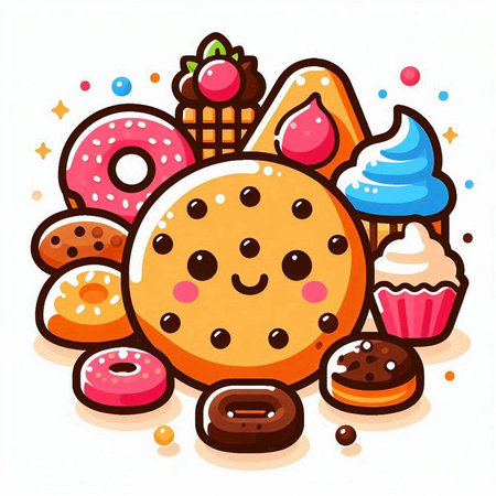 Cute cartoon donut with different toppings. Vector illustration.のイラスト素材