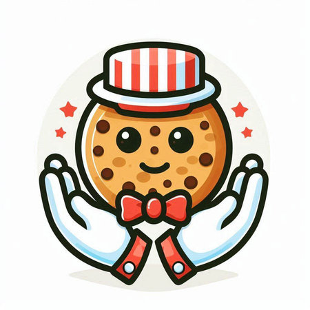 Illustration of Cute Chocolate Chip Cookie Mascot Character Wearing a Striped Tuxedoのイラスト素材