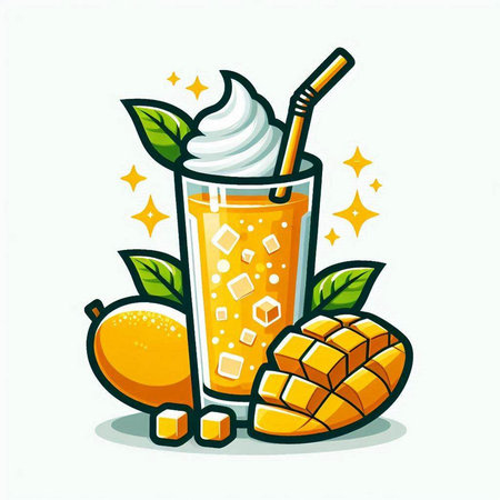 Mango smoothie with whipped cream in a glass. Vector illustration.のイラスト素材