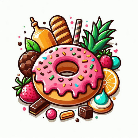 Vector illustration of donut with sweet toppings on white background.のイラスト素材