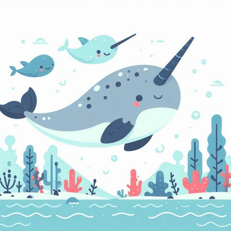 Cute cartoon narwhal in the sea. Vector illustration.のイラスト素材