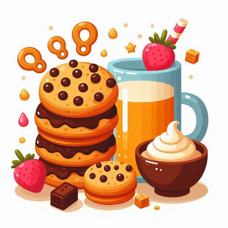Cartoon vector illustration of a cup of coffee, cookies, ice cream, chocolate and strawberries.のイラスト素材