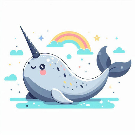 Cute cartoon narwhal with rainbow and clouds. Vector illustrationのイラスト素材