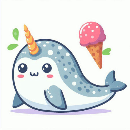 Cute narwhal character with ice cream. Vector illustration.のイラスト素材