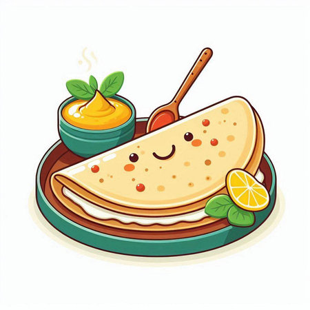 Illustration of a pancake with honey and lemon on a plateのイラスト素材