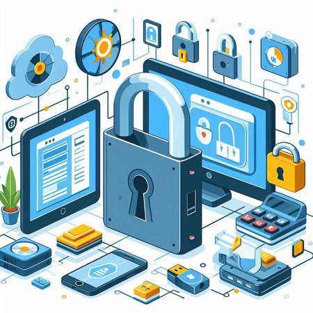 Cyber security concept with padlock on tablet pc and smartphone vector illustrationのイラスト素材