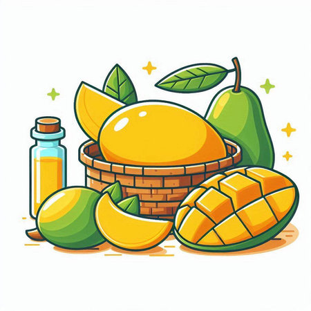 Mango fruit and mango juice on white background. Vector illustration.のイラスト素材