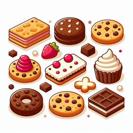 Illustration of a set of chocolate cookies, cakes, cookies, cookies, cookies, biscuits, sweets, cookies, cookies, cookies, cookies, cookiesのイラスト素材
