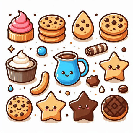 Cute hand drawn vector illustration of a set of various cookies.のイラスト素材