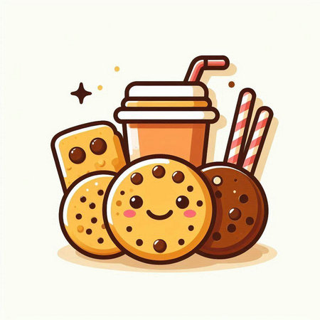 Cute vector illustration of coffee cup and cookies. Funny cartoon character.のイラスト素材