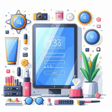Vector illustration of tablet computer with social media icons on white background.のイラスト素材