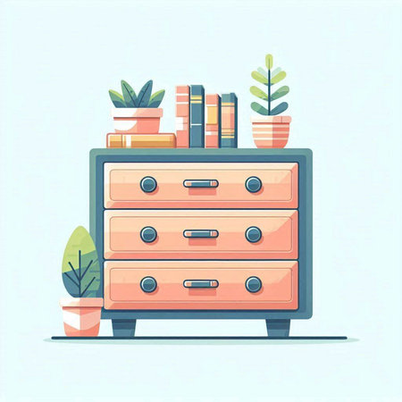 Wooden chest of drawers with books and plants. Flat vector illustration.のイラスト素材