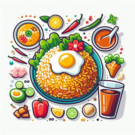Thai food. Vector illustration of fried rice with vegetables and egg.のイラスト素材