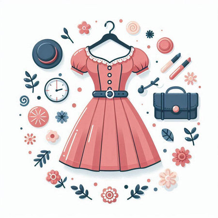 Clothes and accessories round composition with dress, hat, bag, clock and flowers vector illustrationのイラスト素材