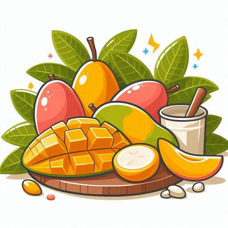 Mango fruit and juice on a wooden board. Vector illustration.のイラスト素材