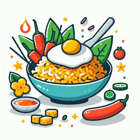Bowl of rice with fried egg and vegetables. Vector illustration.のイラスト素材