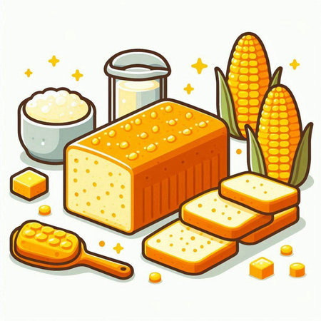 Illustration of a set of food products containing milk, butter and cornのイラスト素材