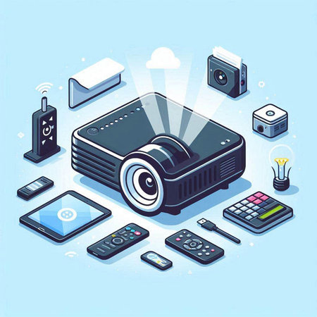Isometric 3d vector illustration of a projector, mobile phone and other electronic devicesのイラスト素材