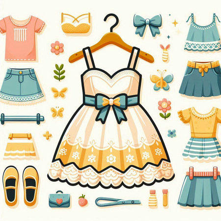 Set of cute clothes and accessories for little girls. Vector illustration.のイラスト素材