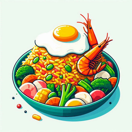 Illustration of a bowl of rice with shrimp, egg and vegetablesのイラスト素材