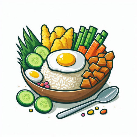 Illustration of a bowl of rice with vegetables and fried egg.のイラスト素材