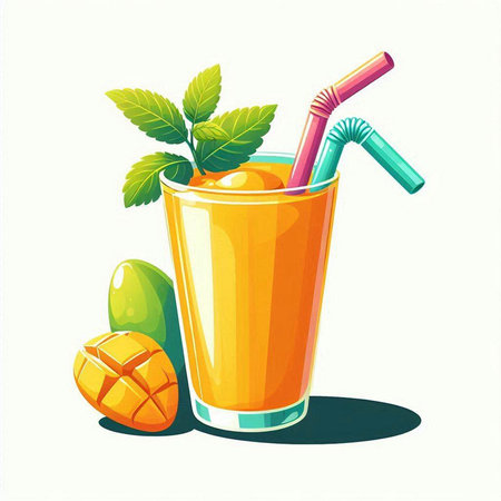 Mango juice in a glass with a straw and mango slices. Vector illustration.のイラスト素材