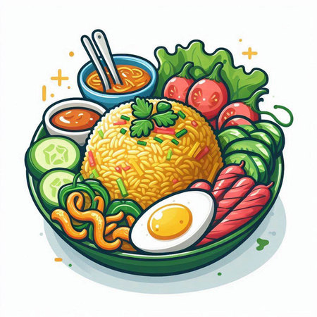 Illustration of a bowl of fried rice with vegetables and egg.のイラスト素材
