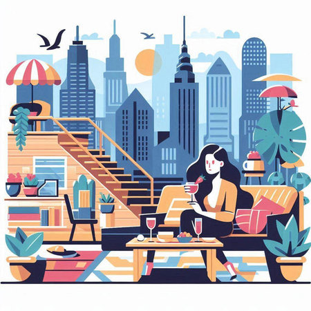 Vector illustration of a girl on the terrace of a cafe.のイラスト素材