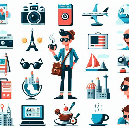 Travel and tourism icons set with tourist man holding cup of coffee isolated vector illustrationのイラスト素材