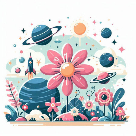 Vector illustration of planets, stars and flowers in cartoon flat style.のイラスト素材