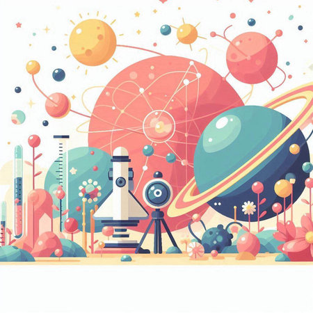 Science background with planets, stars and space objects. Vector illustration.のイラスト素材