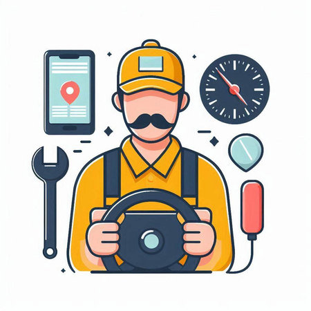Auto mechanic with steering wheel, mobile phone and tools. Vector illustration.のイラスト素材