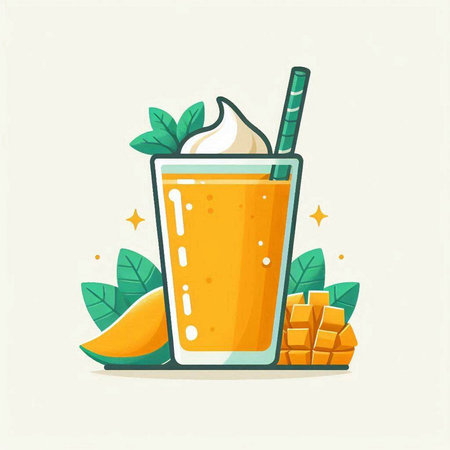 Mango smoothie with whipped cream and mango slices. Vector illustration.のイラスト素材
