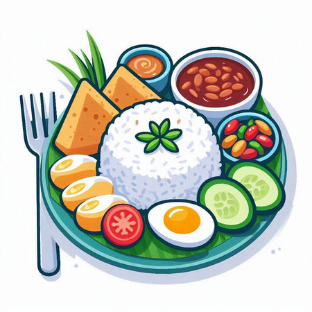 Illustration of rice with vegetables on the plate. Vector illustration.のイラスト素材