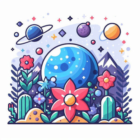 Colorful flat vector illustration of fantasy fantasy landscape with planets, stars and flowers.のイラスト素材