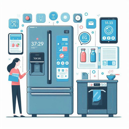 Woman using smartphone to order food in refrigerator. Flat vector illustration.のイラスト素材