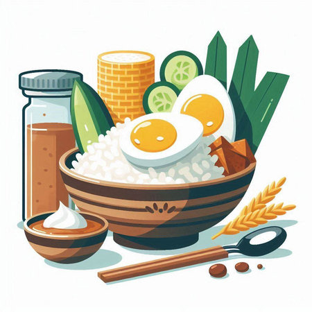 Vector illustration of a bowl of rice, egg, cucumber, soy sauce, tofu, herbs and spices.のイラスト素材