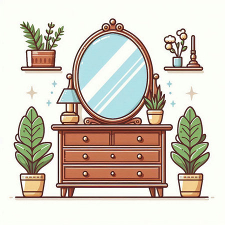 Vector illustration of a dressing table with mirror and houseplants.のイラスト素材