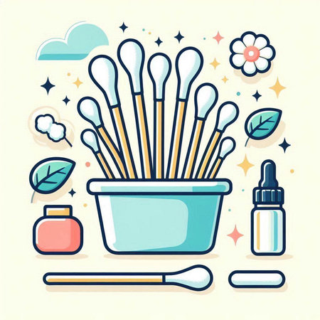 Cotton swabs and cotton swabs in a bowl. Vector illustration.のイラスト素材