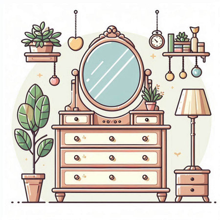Furniture with mirror and plants. Vector illustration in flat styleのイラスト素材