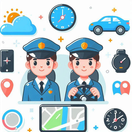 Policeman and police officer with set of icons on a white backgroundのイラスト素材