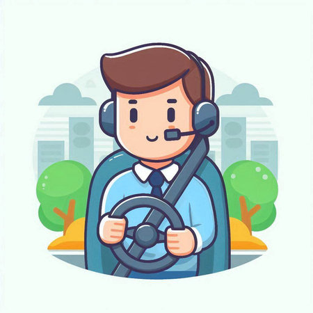 Operator in headset holding steering wheel. Flat style vector illustration.のイラスト素材