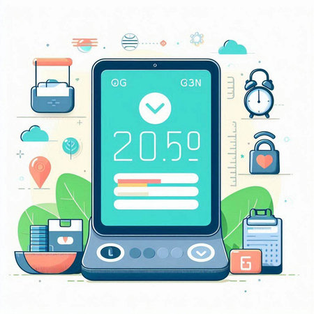 Smartphone with clock and icons on white background. Vector illustration.のイラスト素材