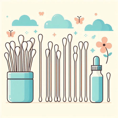 Cotton buds and cotton swabs in a blue vase. Vector illustration.のイラスト素材