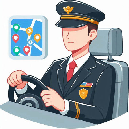 Illustration of a Pilot Driving a Car with a Map Pointer in the Backgroundのイラスト素材