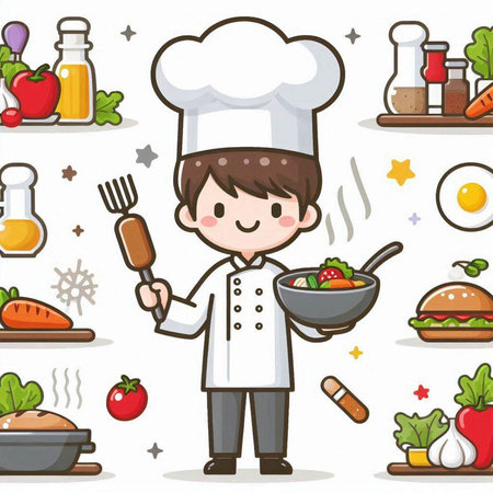 Cartoon chef boy and food theme vector art illustration. EPS10のイラスト素材