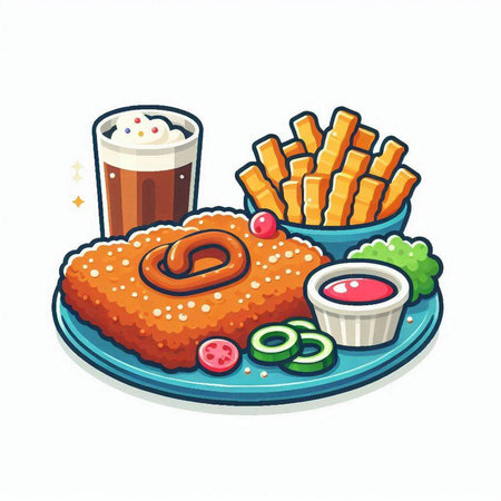Fast food vector illustration. Fried chicken with french fries, ketchup and mayonnaiseのイラスト素材