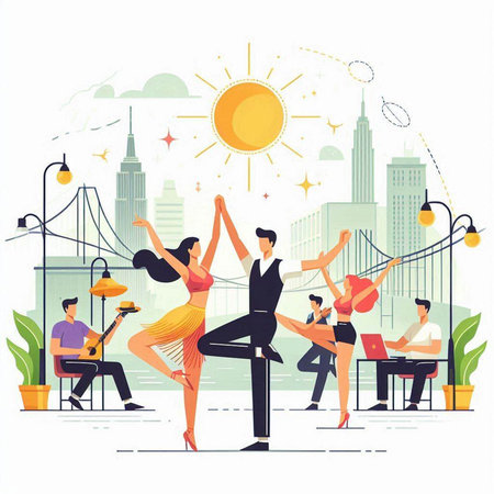 Vector illustration of people dancing in the city. Flat style design.のイラスト素材
